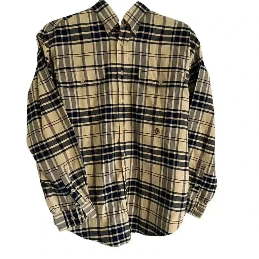 Tommy Hilfiger button up long sleeve flannel shirt plaid size large beige blue